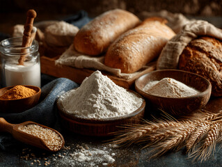Fototapeta premium Assorted grains and bread with flour and spices on rustic table