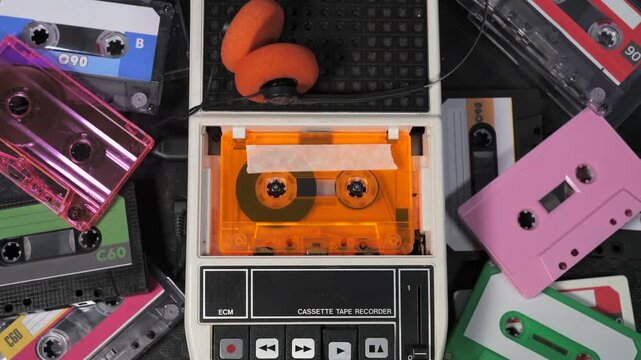 Vintage tape recorder playing music from Orange cassette