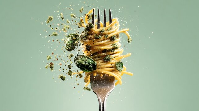 A fork with spaghetti noodles and green beans on it