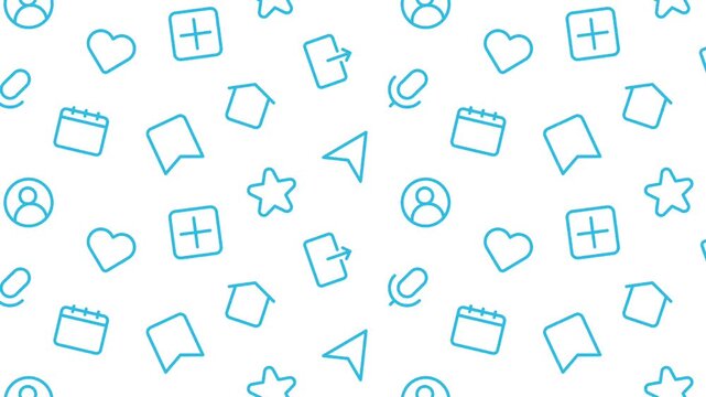Social media seamless pattern, animated blue app user interface icons background, internet network line art seamless loop, video motion graphics texture backdrop