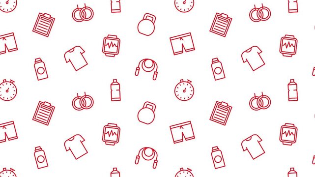 Fitness seamless pattern, animated red gym and sport icons background, workout exercise equipment line art seamless loop, video motion graphics texture backdrop