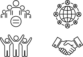Obraz premium Teamwork, community, collaboration, global, network, partnership, people, connection, unity, support, cooperation, business, social, group, icon, set, outline, black, white, vector