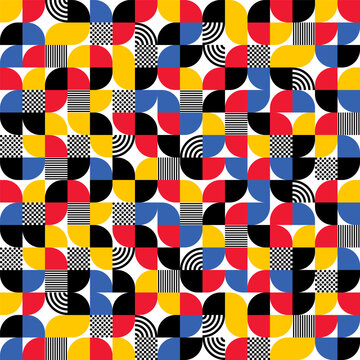 Colorful seamless geometric pattern in pop-art style featuring dotted and linear texture elements. Eps 10