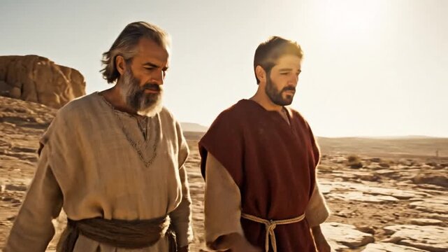 Cinematic slow portrayal of two Biblical disciple actors engaged in deep theological conversation wearing authentic ancient Hebrew robe garments in a historical religious reenactment.