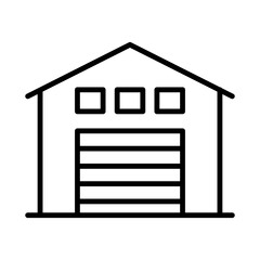 Large warehouse or storage building, linear icon. Industrial facility, logistics center, and garage. Line with editable stroke