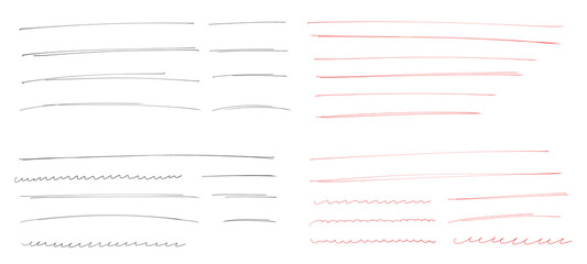 黒と赤色の細い鉛筆で書かれた、手描きの強調下線の装飾セット