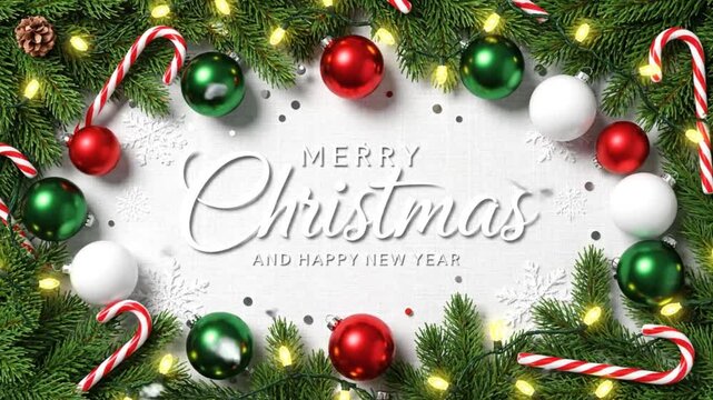 Christmas Greeting Card with Ornaments and Candy Canes.