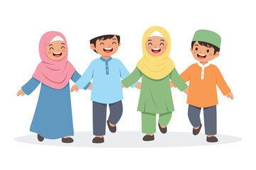 Obraz premium Cartoon Style Cheerful Children Holding Hands Diverse Cultural Friendship Illustration