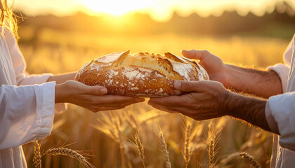 Hands breaking bread together, rustic and intimate moment
