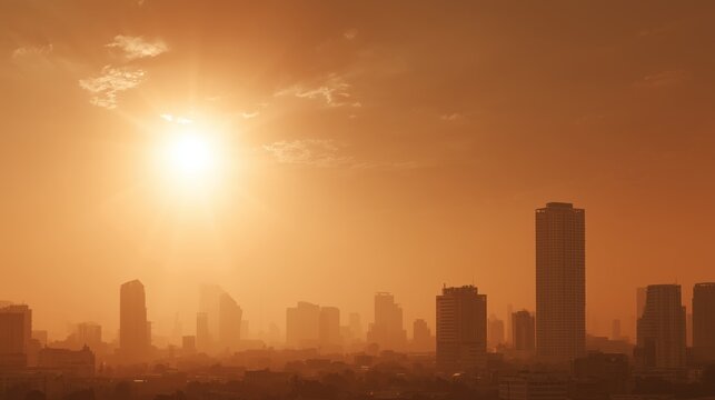 City skyline under extreme summer heat haze. Urban heatwave and climate change concept. Hot atmosphere over modern metropolis. Environmental crisis and rising temperatures. 