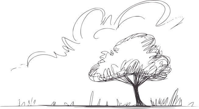 Minimalist black and ink of a windblown tree in a landscape