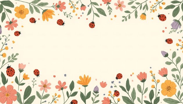 A colorful floral border with ladybugs and flowers on a cream background