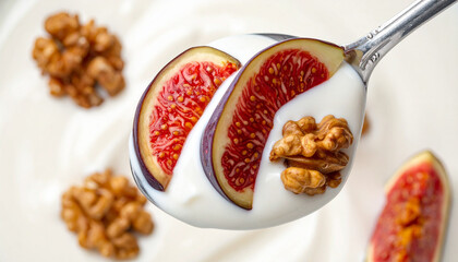 Spoon of yogurt topped with fig and walnut, macro top-down view