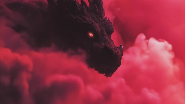 Ominous dark fantasy dragon emerges from vibrant fiery red smoke clouds, featuring glowing eyes and scales, mystical creature art.