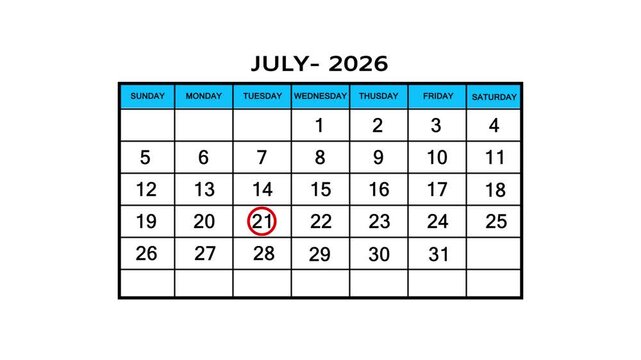 The calendar of July month 21th day is red circled, looped animation .Avery important date in the calendar. Signing a day on a calendar. 4k animation white background 