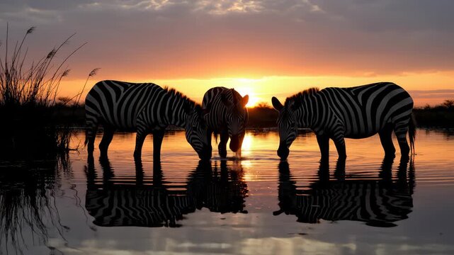 Zebras Drinking Water at Sunset in Silhouette, With Water Reflections