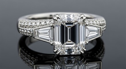 Elegant engagement ring with large emerald-cut diamond centerpiece flanked by two marquise-cut diamonds, surrounded by pav&eacute;-set smaller diamonds, high-polished platinum band, luxury jewelry, romantic