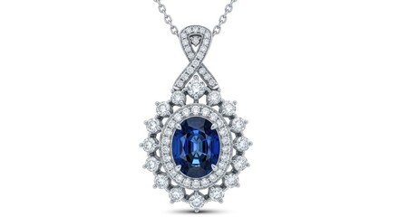 Elegant oval blue sapphire pendant necklace with intricate diamond halo and filigree design, luxurious silver chain, high-end jewelry, vintage-inspired gemstone accessory for formal events or bridal