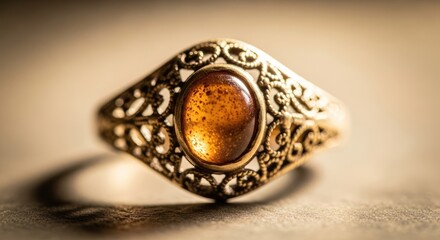 Vintage-style antique ring with amber-colored oval gemstone set in intricate filigree gold band, warm soft lighting, close-up jewelry photography, antique fashion accessory, romantic engagement ring