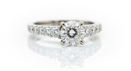 Elegant engagement ring with round brilliant-cut diamond centerpiece and pav&eacute; band of smaller diamonds, platinum setting, luxury wedding jewelry, sparkling gemstones, romantic proposal accessory