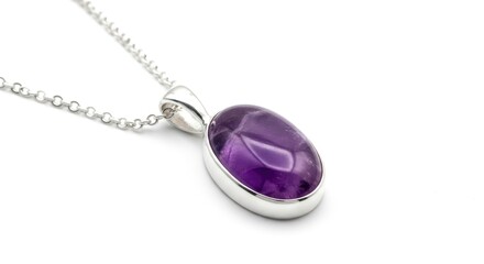 Elegant silver pendant necklace featuring an oval purple amethyst gemstone with deep reflective facets, minimalist jewelry design, luxury accessory on delicate silver chain, close-up shot with soft