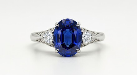 Elegant vintage engagement ring featuring a stunning oval sapphire center stone surrounded by small diamonds, intricate filigree design, platinum band, luxury jewelry, romantic proposal symbol