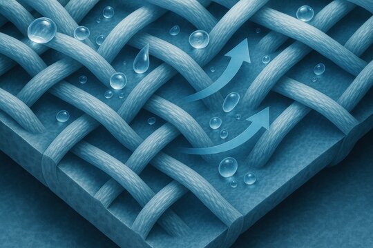 3D illustration of moisture-wicking textile cross-section with fiber weave and directional airflow