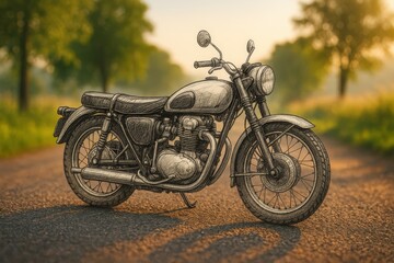 Vintage motorcycle sketch overlaid on a sunlit countryside road blending realism with illustration