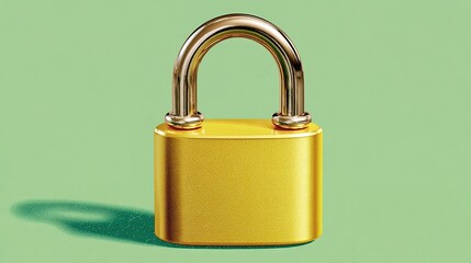 Naklejka premium Gold padlock stands on a green surface with a clear shadow during daylight
