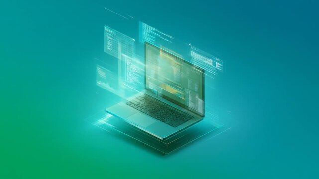 Futuristic isometric laptop with glowing digital data, abstract information, and network connectivity. Cloud computing technology.