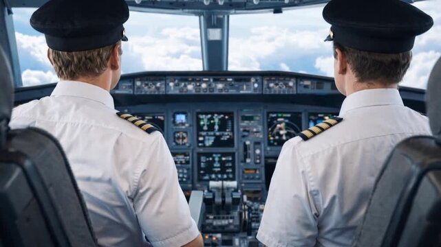 Pilots in the cockpit during a flight with commercial airplane.

