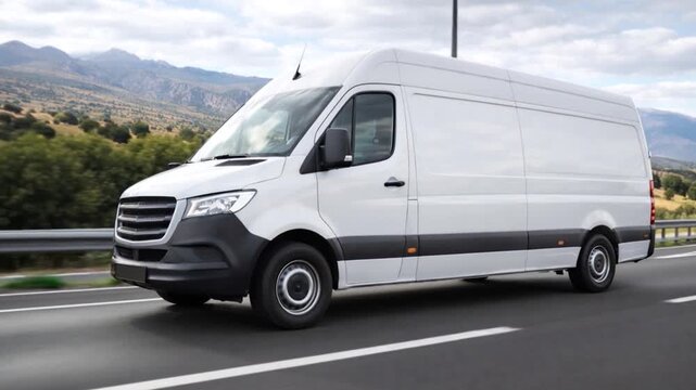 A white delivery or service van is driving on highway road.
