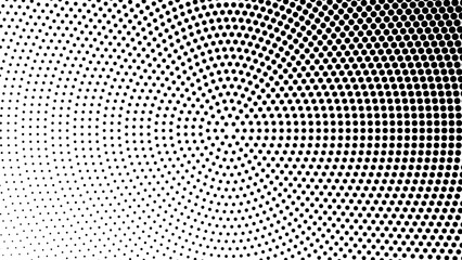 Radial halftone dot, circular pattern design element for backgrounds. Halftone dot textures vector of geometric doted gradients for retro pop art design.