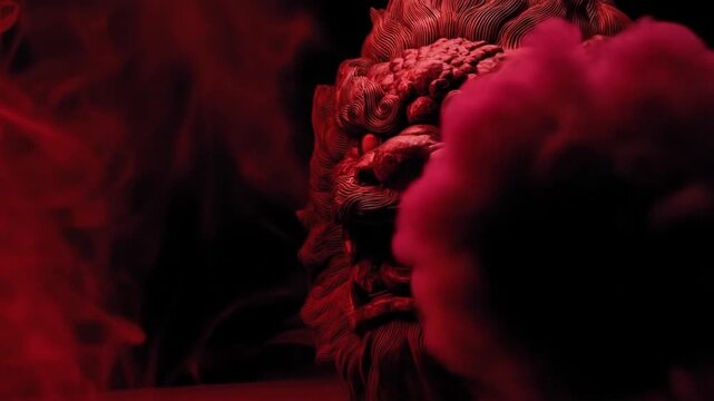 Intense mythical beast or monster engulfed in dramatic red smoke, creating an eerie, dark fantasy atmosphere, a formidable creature