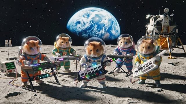 Hamster Astronauts Rocking Out on the Moon with Earth in the Background.