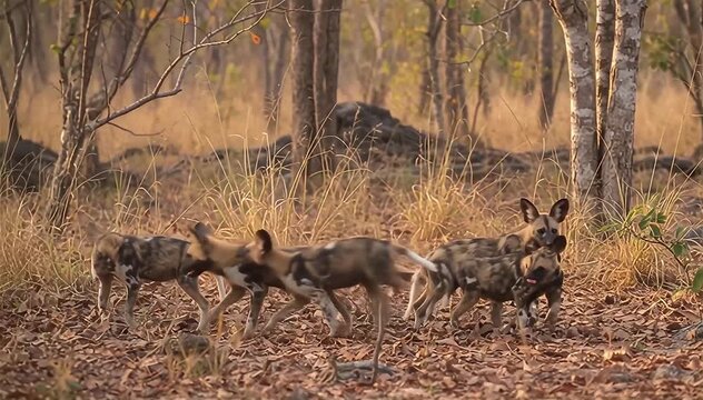 Close up of African wild dog pups (Lycaon pictus) in the Miombo, the largest forest of Africa
