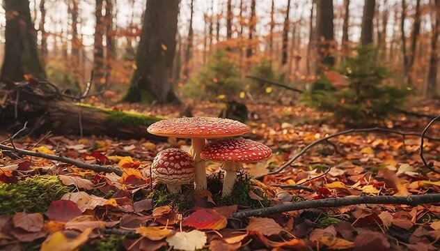 Amanita muscaria mushroom in forest in fall time in natural light, low angle shot.
