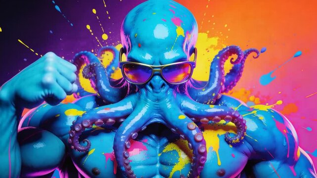 A funny muscular blue octopus character wearing flashy gold-rimmed sunglasses, surrounded by vibrant neon paint splashes in pink, yellow, purple, and orange while flexing huge biceps