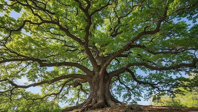 Big oak tree with bright green leaves, low angle shot.
