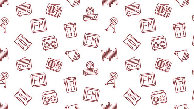 Radio broadcast seamless pattern, animated brown retro fm receiver icons background, audio sound wave line art seamless loop, video motion graphics texture backdrop