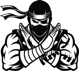  Powerful ninja warrior illustration, masked martial artist with crossed hands and muscular arms, bold black and white vector design for gaming logos © Fazlul
