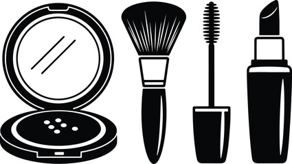 Makeup Cosmetics Silhouette Icon Set with Compact Brush Mascara Lipstick