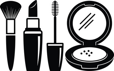 Makeup Tools and Cosmetics Silhouette Icon Set with Brush Mascara Compact