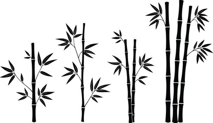Naklejka premium Bamboo plant silhouette illustration set, natural Asian bamboo stalks with leaves, minimal black vector elements for zen design, nature decor, and eco themes