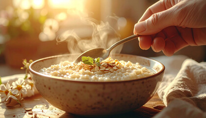 Hand holding spoon over porridge, paused moment