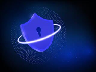 3D digital security shield with glowing light energy circles, futuristic cyber protection for online data and privacy vector. © sawaddee3002