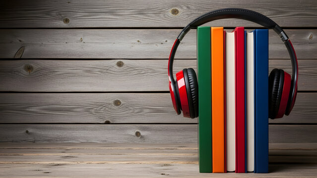 Red headphones resting on stack of colorful audiobooks on rustic wood desk | Concept of digital literature and education learning | Listening to stories or knowledge with vibrant textbooks