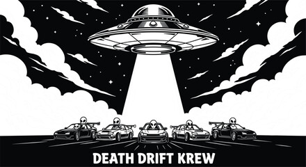  Alien invasion racing illustration, UFO abducting street racers with skull drivers, sci fi drift cars scene, dark futuristic vector art, monochrome design © Fazlul