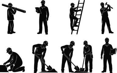  Construction worker silhouettes collection, professional builders performing manual labor with tools, ladder and documents, industrial safety workforce concept, black vector illustration © Fazlul