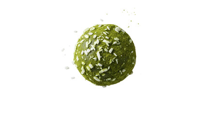 A vibrant matcha green truffle meticulously coated with delicate white almond flakes, presented on a crisp, pure white background creating an